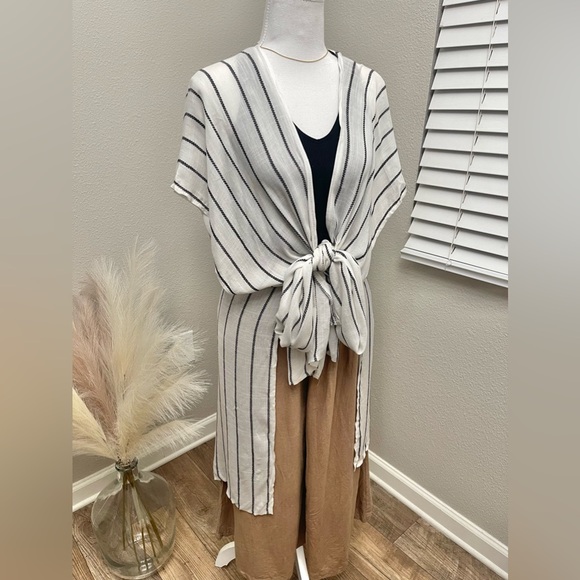 Stripe Black and White Kimono Style Boho Swim Cover Up - Picture 8 of 15